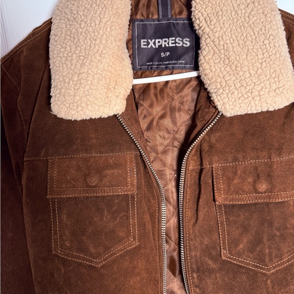 Express Men's Chocolate Brown Suede Bomber with Cream Collar - Picture 4 of 8